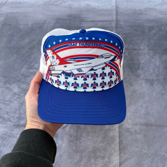 Vintage 80's USAF US Air Force Thunderbirds White Blue Trucker Snapback Hat Cap - Picture 1 of 6